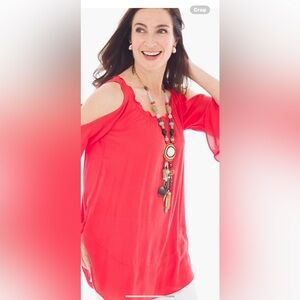 Chico’s Cold Shoulder Bell Sleeve Top Beautiful Coral Color. Size 2